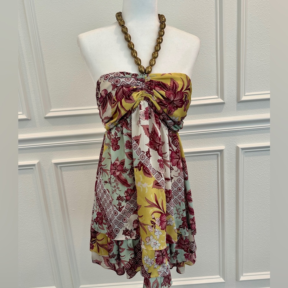 Alexis Floral Strapless Mini Dress - Burgundy, Yellow, Cream